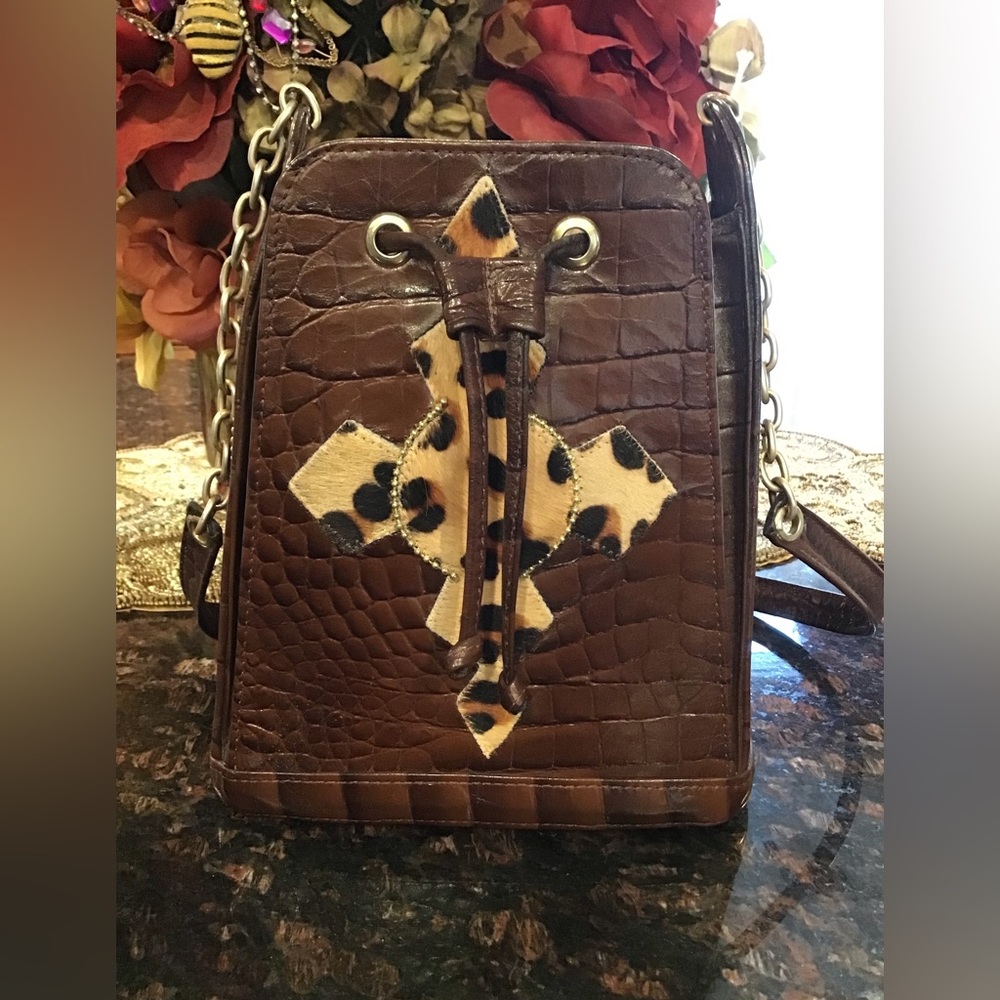 Boutique Brown Croc Leather Bag With Leopard Print Detail And Chain Link Strap